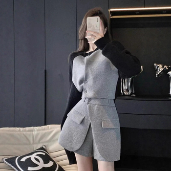 Ženski ležerni dvodijelni komplet, jesen 2024, elegantan stil društvene damice, chenille tkanina s elastanom, top i šorc