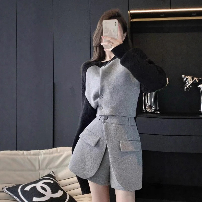 Ženski ležerni dvodijelni komplet, jesen 2024, elegantan stil društvene damice, chenille tkanina s elastanom, top i šorc