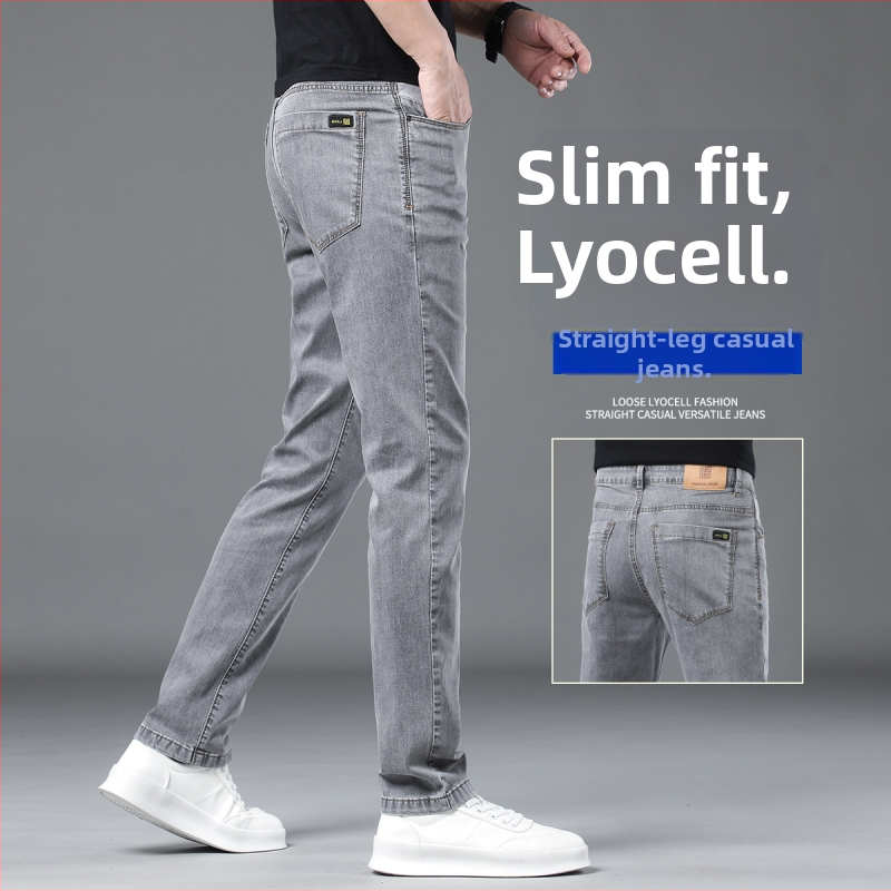 Férfi nyári Lyocell farmernadrág, ultra vékony, karcsú egyenes szabás, rugalmas, mindennapi viselet