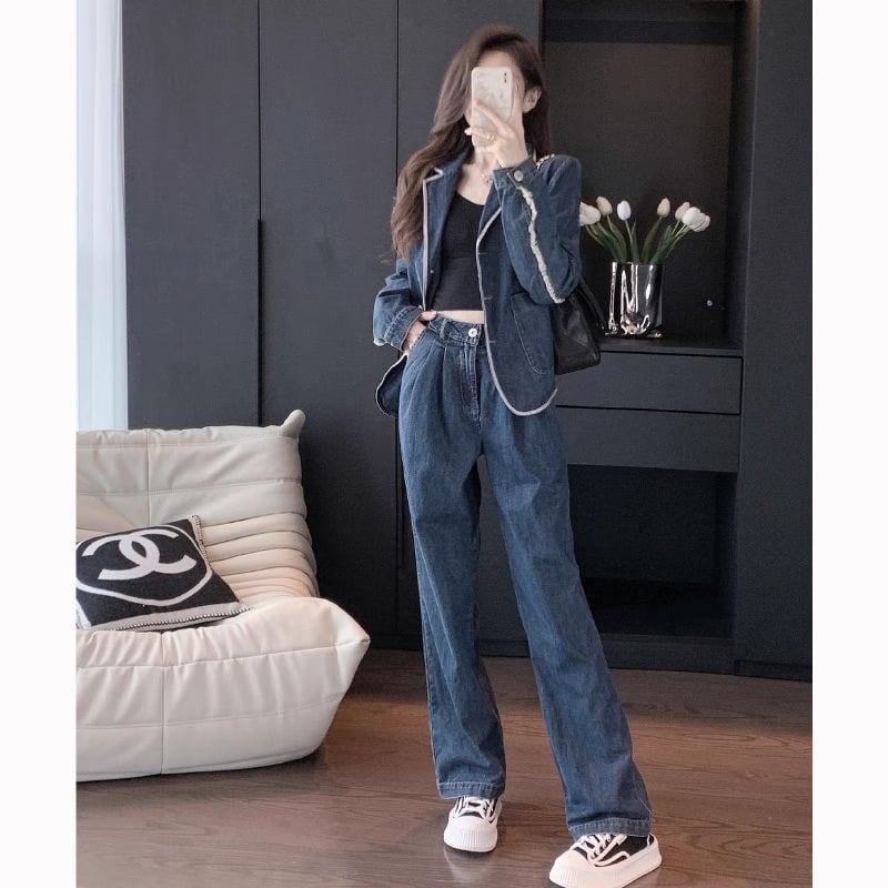 Ženski denim komplet, proljeće 2025., casual chic sa širokim hlačama