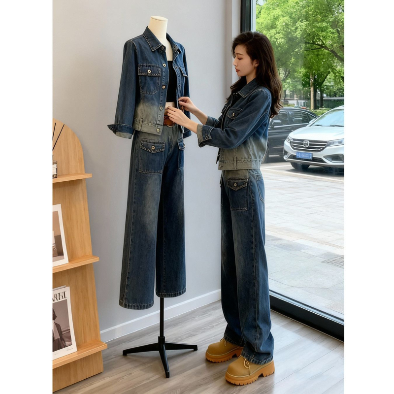 Ženski premium denim kostim za jesen: moderan dvodijelni set s denim jaknom i hlačama