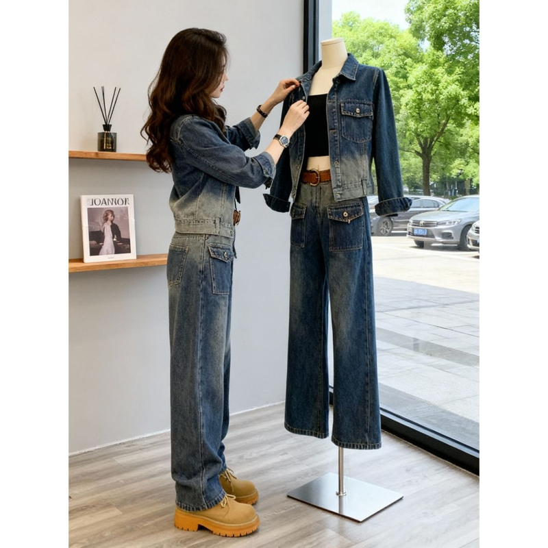Ženski premium denim kostim za jesen: moderan dvodijelni set s denim jaknom i hlačama