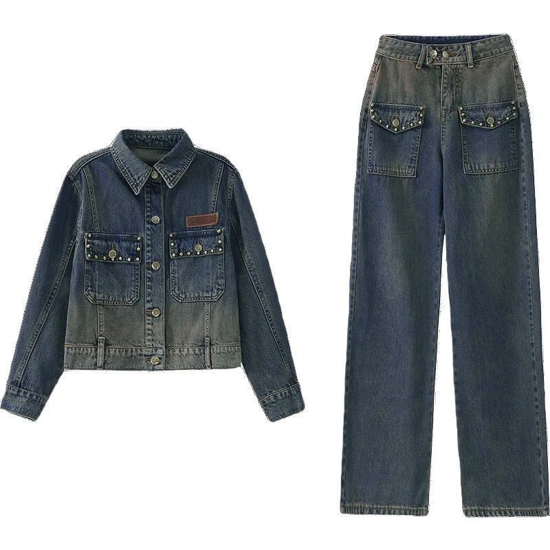 Ženski premium denim kostim za jesen: moderan dvodijelni set s denim jaknom i hlačama