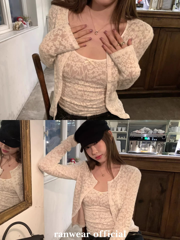 Ranwear Lace Whisper: Težak žakardni čipkasti top i kratki kardigan, dvodijelni set