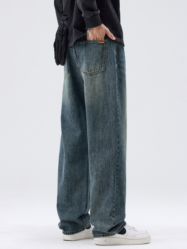 Mingge Férfi denim nadrág, lazán szabott, széles szárú, egyenes szabású, amerikai retro streetwear
