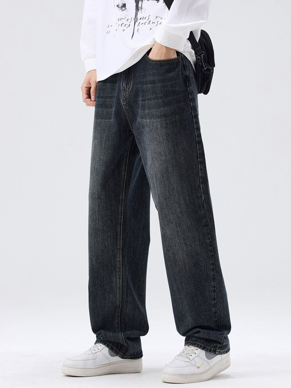 Mingge Férfi denim nadrág, lazán szabott, széles szárú, egyenes szabású, amerikai retro streetwear