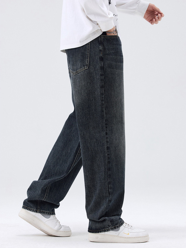 Mingge Férfi denim nadrág, lazán szabott, széles szárú, egyenes szabású, amerikai retro streetwear