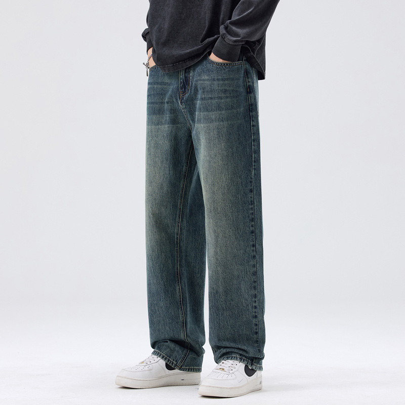 Mingge Férfi denim nadrág, lazán szabott, széles szárú, egyenes szabású, amerikai retro streetwear