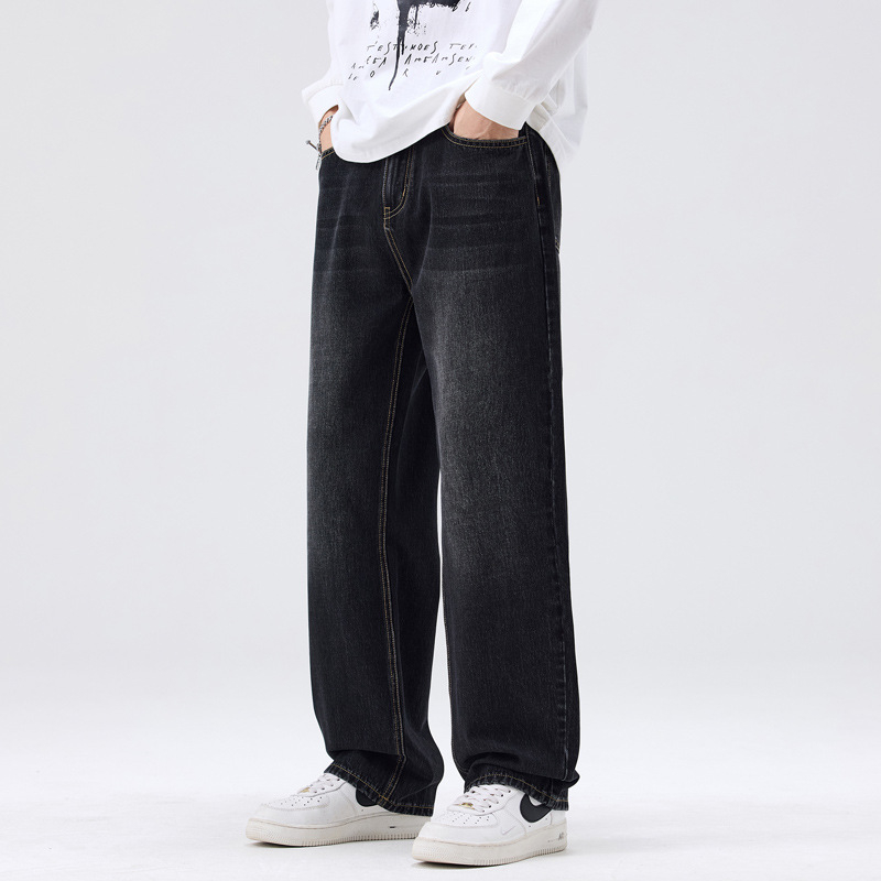 Mingge Férfi denim nadrág, lazán szabott, széles szárú, egyenes szabású, amerikai retro streetwear