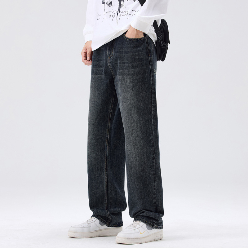 Mingge Férfi denim nadrág, lazán szabott, széles szárú, egyenes szabású, amerikai retro streetwear