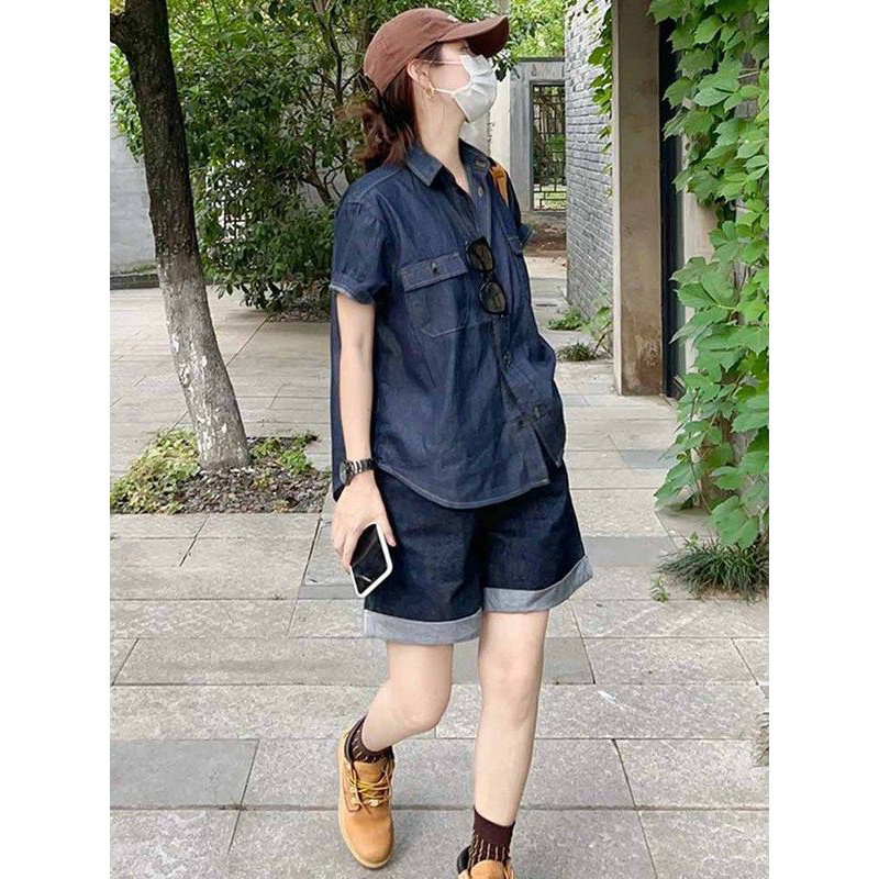 Ženski set od denim košulje s kratkim rukavima i šortsa, ljeto 2025, retro Hong Kong stil, ležeran kroj, dvodijelni set