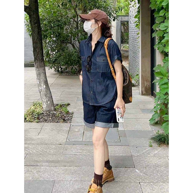 Ženski set od denim košulje s kratkim rukavima i šortsa, ljeto 2025, retro Hong Kong stil, ležeran kroj, dvodijelni set