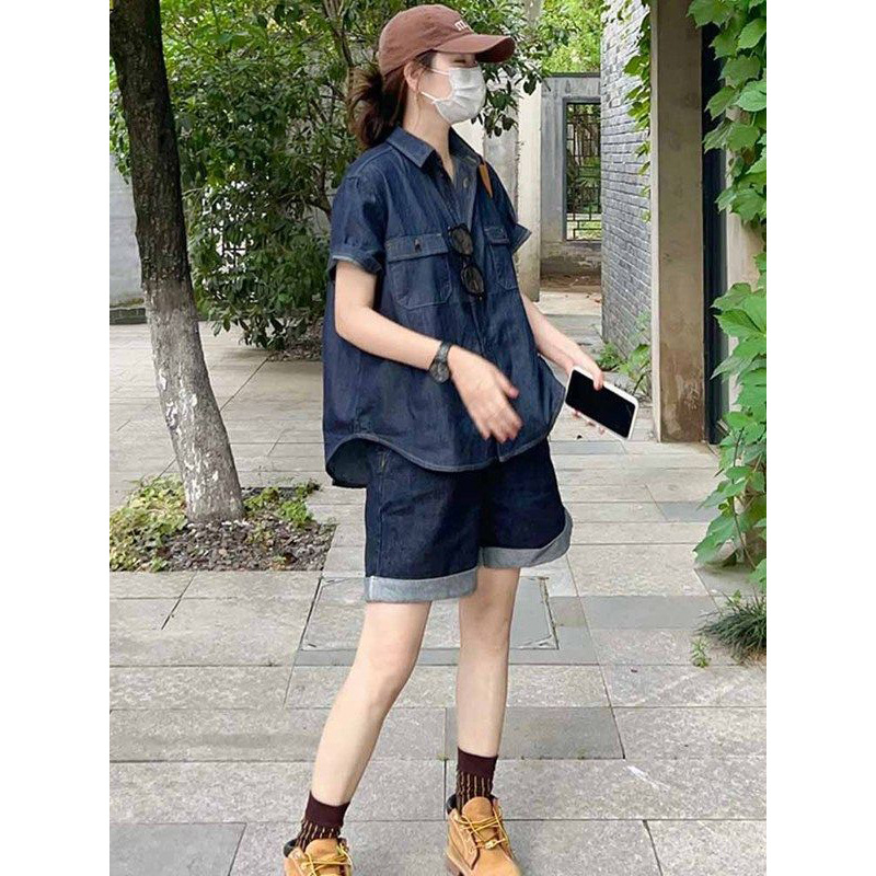 Ženski set od denim košulje s kratkim rukavima i šortsa, ljeto 2025, retro Hong Kong stil, ležeran kroj, dvodijelni set