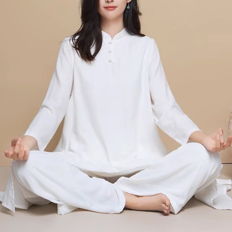 Ženski set za jogu — bijela pamučno-lanena odjeća, široki kroj za meditaciju i zen praksa