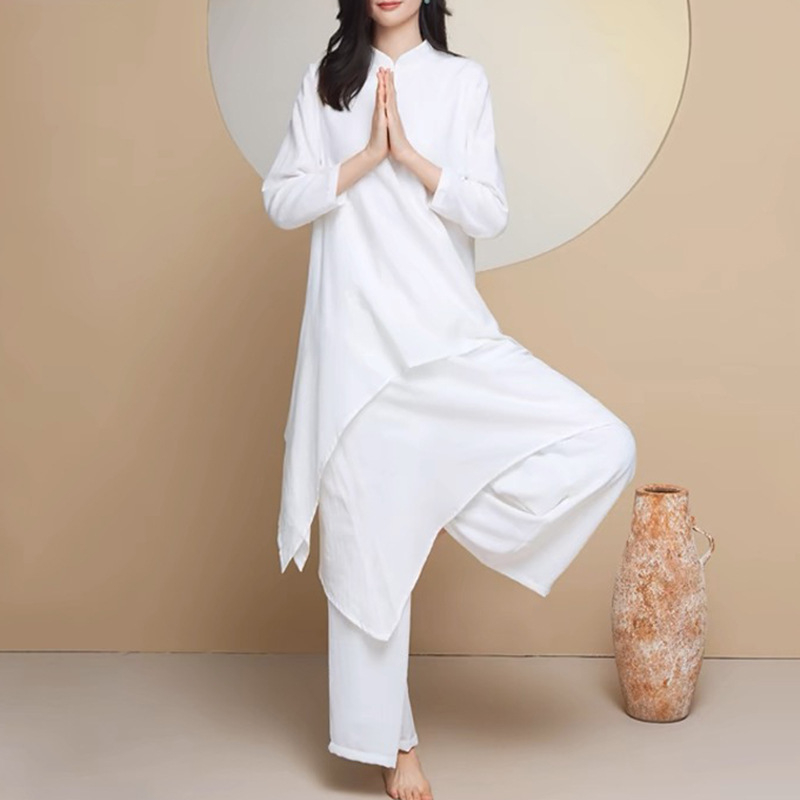 Ženski set za jogu — bijela pamučno-lanena odjeća, široki kroj za meditaciju i zen praksa