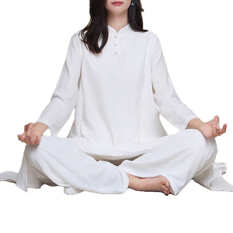 Ženski set za jogu — bijela pamučno-lanena odjeća, široki kroj za meditaciju i zen praksa