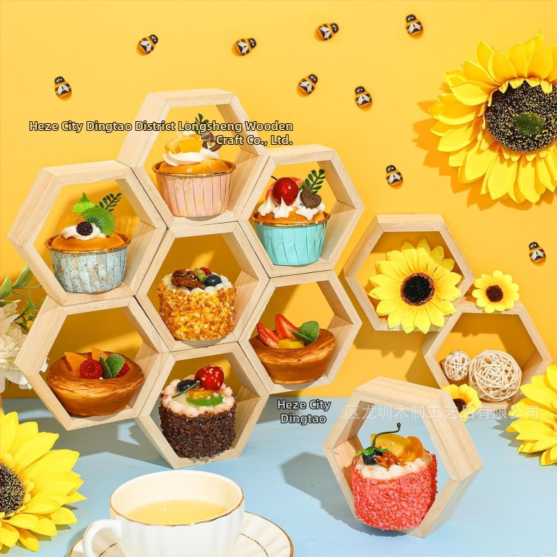 Drevený stojan na muffiny s motívom včelieho plástu, hexagonálny displejový regál, vidiecký štýl, nástenný, 3 poschodia