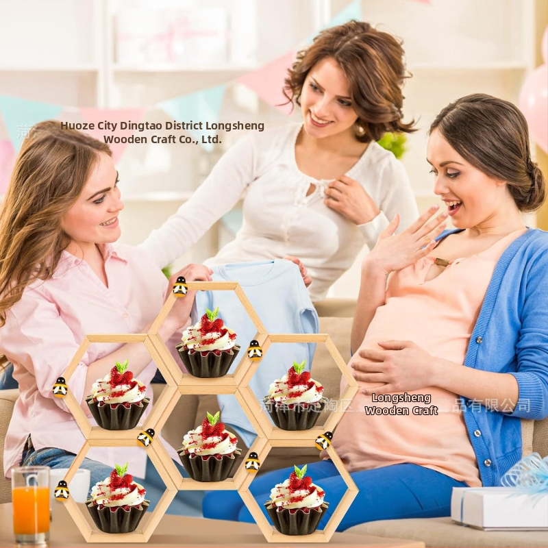 Drevený stojan na muffiny s motívom včelieho plástu, hexagonálny displejový regál, vidiecký štýl, nástenný, 3 poschodia