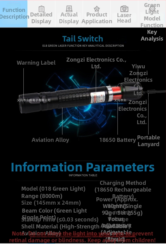 Model 018: laserový ukazovadlo s jednopunktovým lúčom, zeleným, červeným, modrým a fialovým svetlom