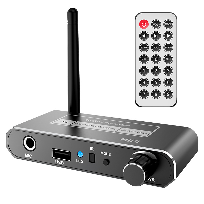 Bluetooth vevő és hangszóró-erősítő távirányítóval, kábelről vezeték nélküli hangátvitel, USB‑flash meghajtó és mikrofon támogatásával