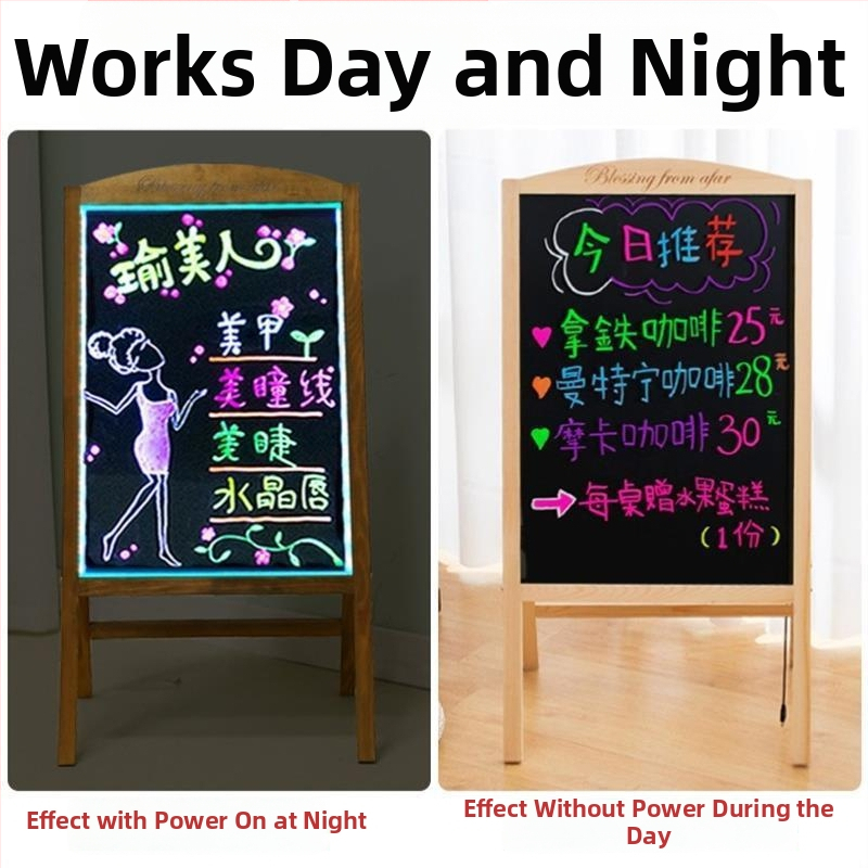 LED tabuľa na písanie, malá tabuľa, fluorescenčná reklama, cenovka a ručne písané menu pre stánok na nočnom trhu