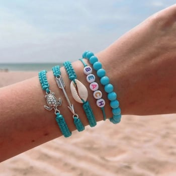 Unisex set narukvica od aluminijske legure s kornjačom i školjkama, ručno pleten u plažnom stilu, personalizirani tekstualni detalji