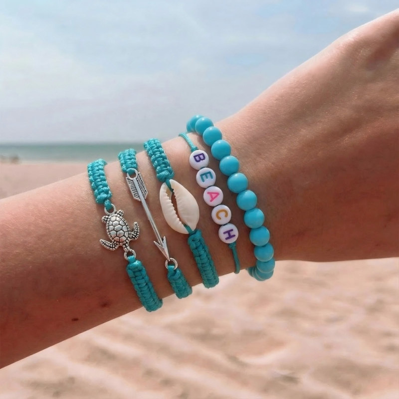 Unisex set narukvica od aluminijske legure s kornjačom i školjkama, ručno pleten u plažnom stilu, personalizirani tekstualni detalji