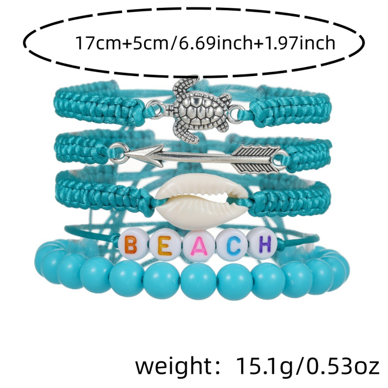 Unisex set narukvica od aluminijske legure s kornjačom i školjkama, ručno pleten u plažnom stilu, personalizirani tekstualni detalji