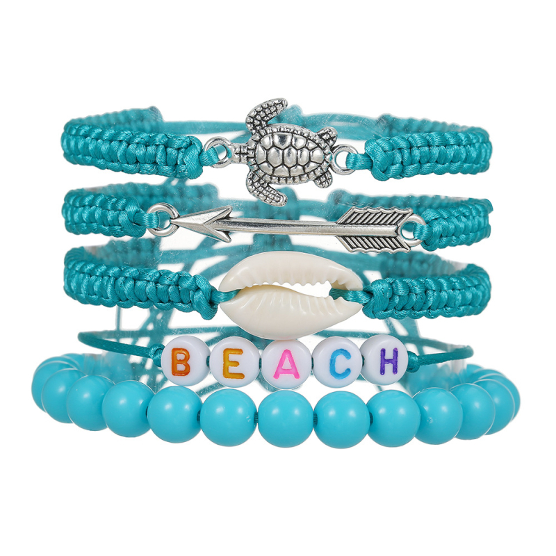 Unisex set narukvica od aluminijske legure s kornjačom i školjkama, ručno pleten u plažnom stilu, personalizirani tekstualni detalji