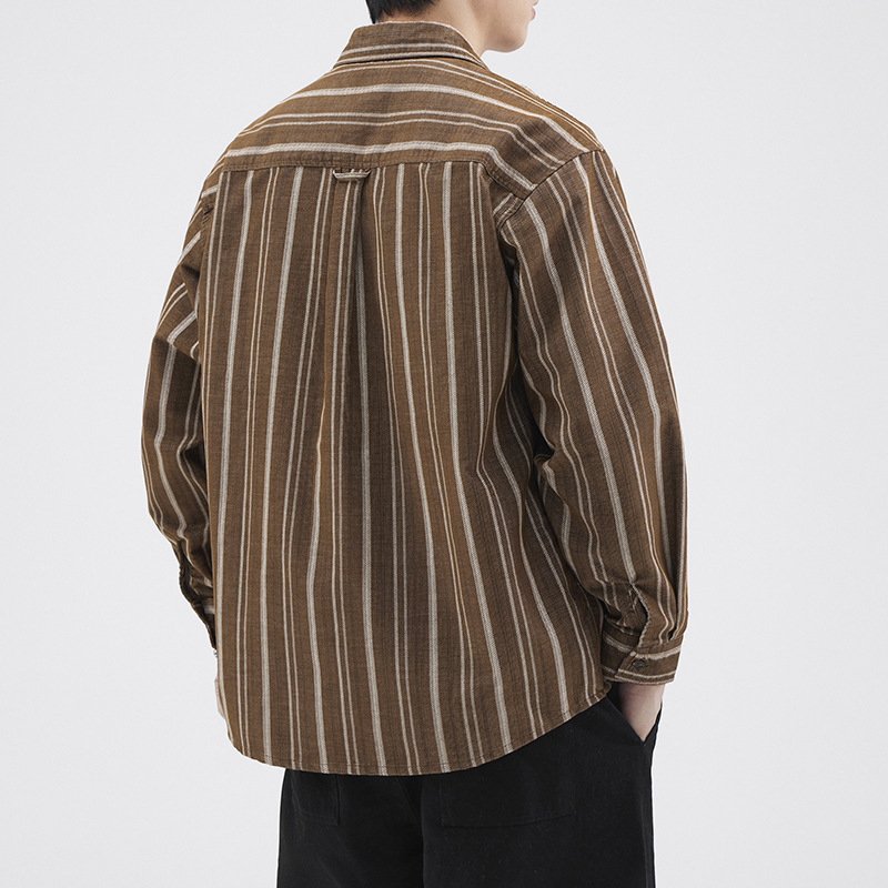 Japán stílusú vintage csíkos corduroy hosszú ujjú ing férfiak számára, laza szabás