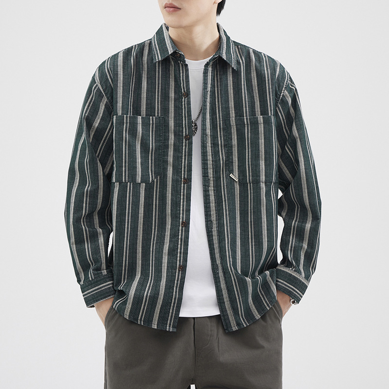 Japán stílusú vintage csíkos corduroy hosszú ujjú ing férfiak számára, laza szabás