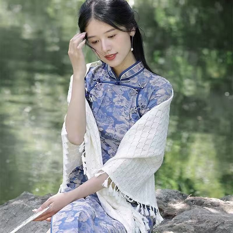 Unisex šal za cheongsam: retro pleteni trokutasti šal s resicama, topao kardigan za kombiniranje s cheongsam