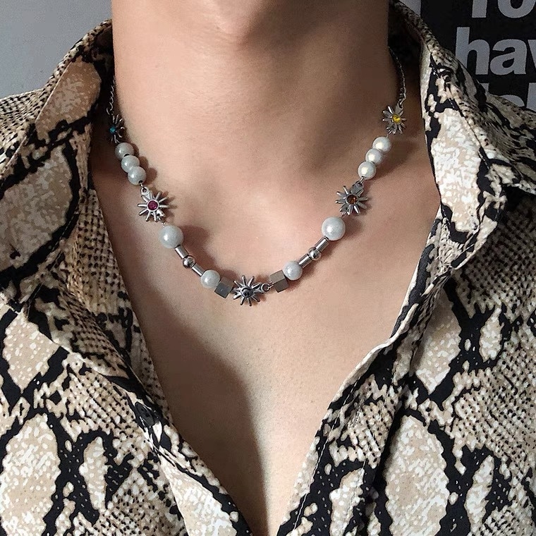 Unisex ogrlica od titan čelika sa šarenim reflektirajućim perlama, geometrijski osmerokutni zvjezdasti motiv, lanac za ključnu kost, modni nakit