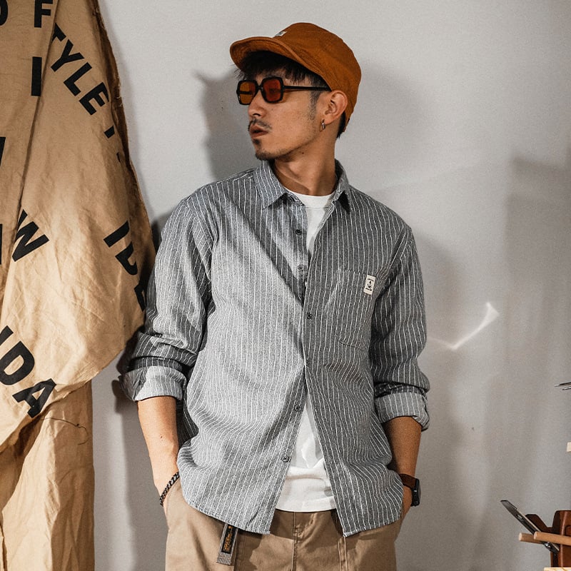 Muška pamučna prugasta košulja japanskog stila, opuštenog kroja, dugi rukavi, proljetni casual.