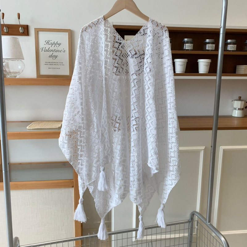 Pleteni šal-kardigan s izrezom, bijela, lagana, resice, retro stil, veliki kaput preko malog prsluka