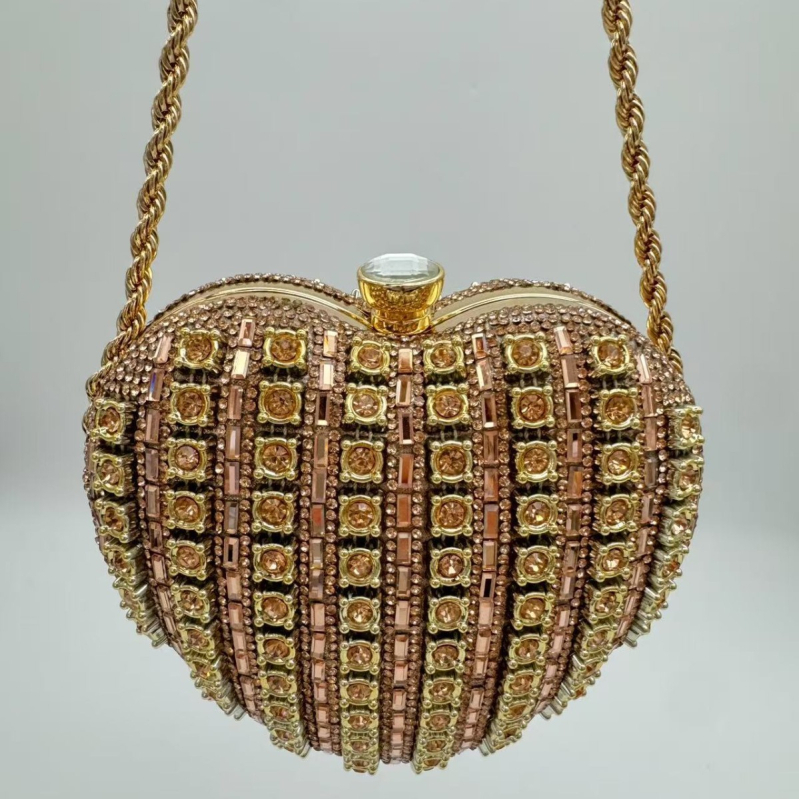 Torbica za večernji događaj u obliku srca s kristalima i lancem – ženska clutch torba