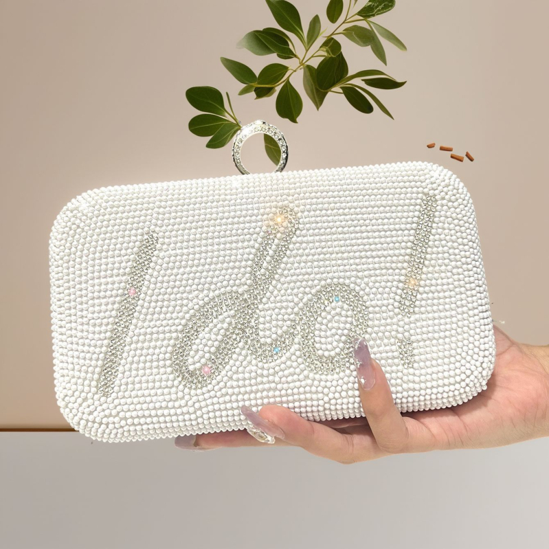 Bijela biserna tvrda clutch torba s kristalima, elegantna i svestrana večernja torba preko ramena i za telefon