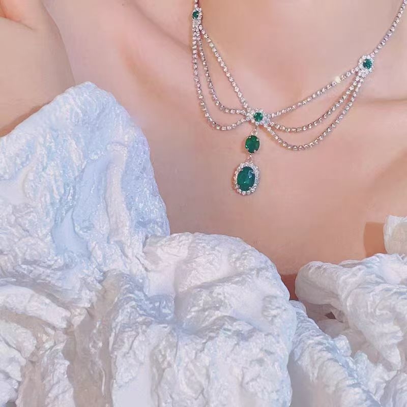 Višeslojni set ogrlica sa smaragdnim cirkonima, retro stil Evropa-Amerika, elegantan ženski nakit