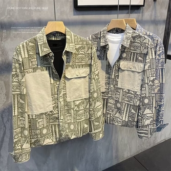 Muška vintage ležerna košulja-jaknica s all-over otiskom, rever-klopa, dugi rukavi, laneno-mješavina