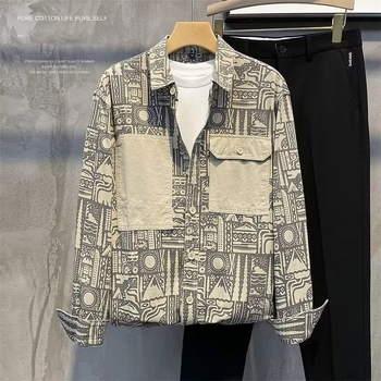 Muška vintage ležerna košulja-jaknica s all-over otiskom, rever-klopa, dugi rukavi, laneno-mješavina