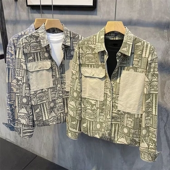 Muška vintage ležerna košulja-jaknica s all-over otiskom, rever-klopa, dugi rukavi, laneno-mješavina