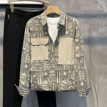 Muška vintage ležerna košulja-jaknica s all-over otiskom, rever-klopa, dugi rukavi, laneno-mješavina