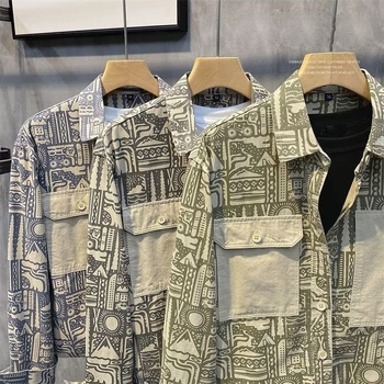 Muška vintage ležerna košulja-jaknica s all-over otiskom, rever-klopa, dugi rukavi, laneno-mješavina