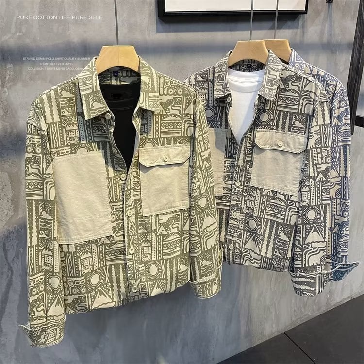 Muška vintage ležerna košulja-jaknica s all-over otiskom, rever-klopa, dugi rukavi, laneno-mješavina
