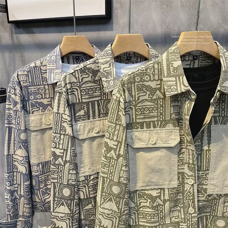 Muška vintage ležerna košulja-jaknica s all-over otiskom, rever-klopa, dugi rukavi, laneno-mješavina