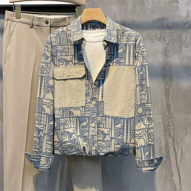 Muška vintage ležerna košulja-jaknica s all-over otiskom, rever-klopa, dugi rukavi, laneno-mješavina
