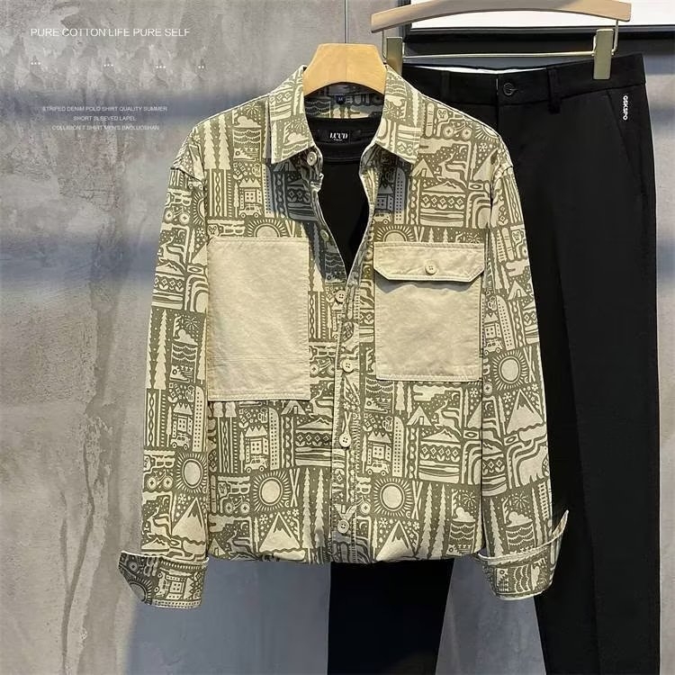 Muška vintage ležerna košulja-jaknica s all-over otiskom, rever-klopa, dugi rukavi, laneno-mješavina