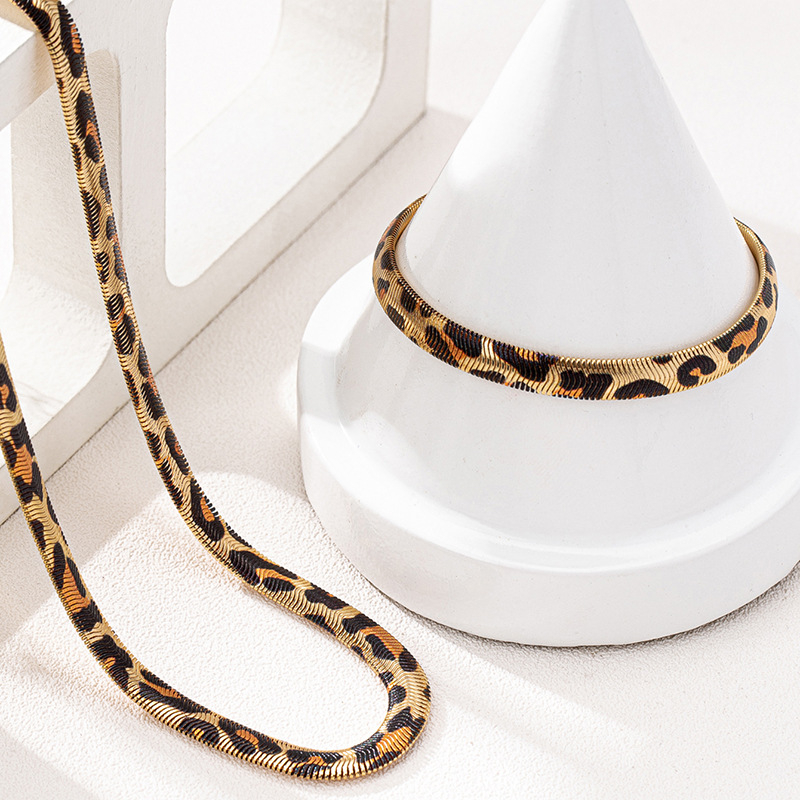 Ženski set ogrlice i narukvice – metalni geometrijski krug s leopard uzorkom, zapadnjačka moda