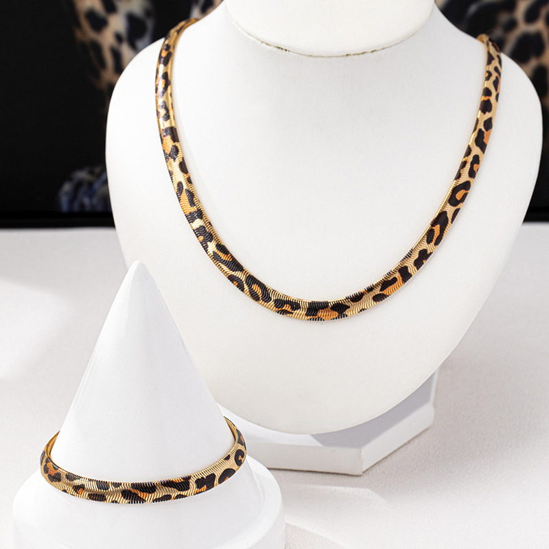 Ženski set ogrlice i narukvice – metalni geometrijski krug s leopard uzorkom, zapadnjačka moda