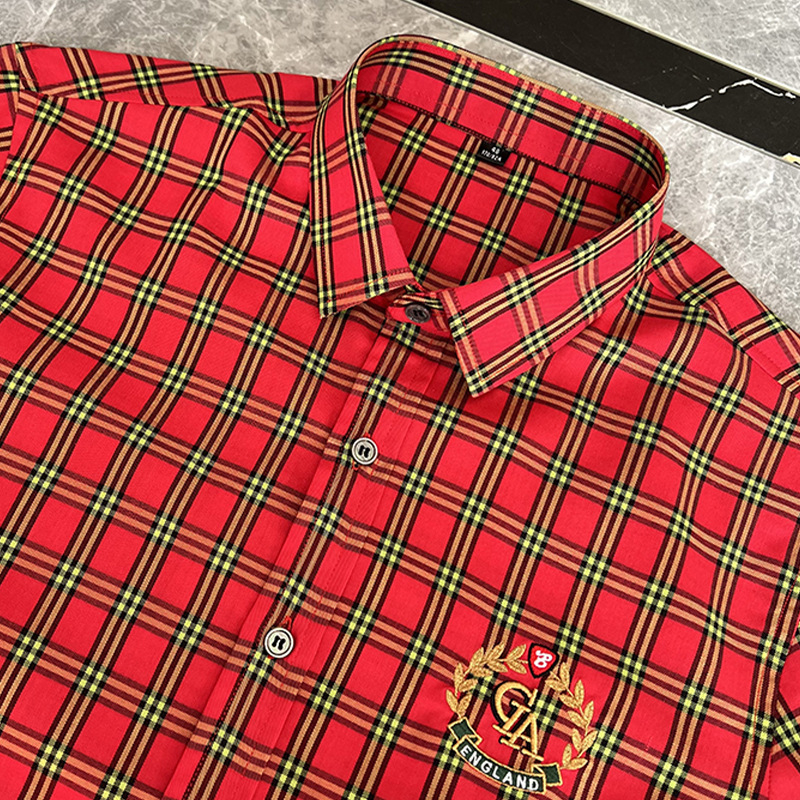 Muška košulja slim fit s dugim rukavima, vezeni klasovi pšenice, casual karirani dizajn